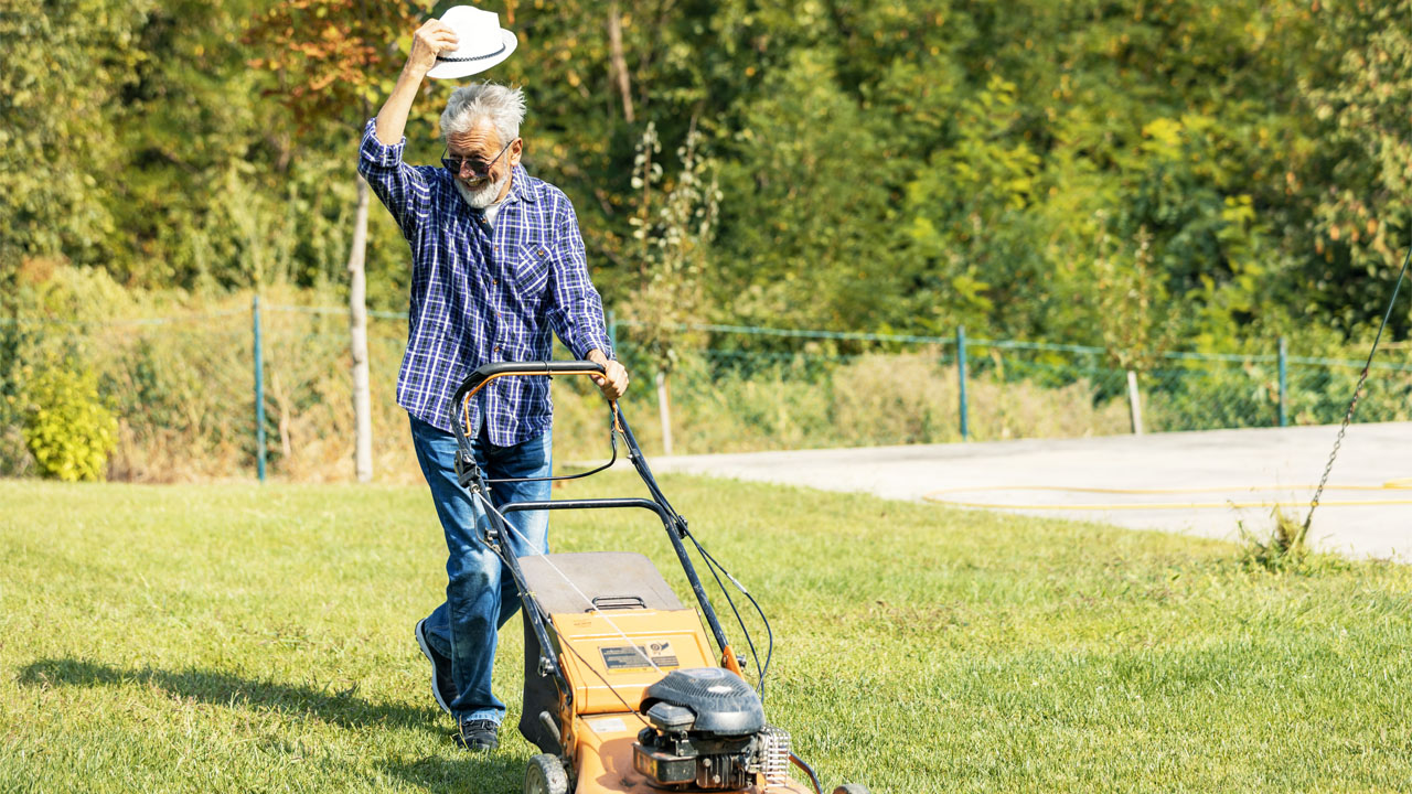 mowing grass smiling